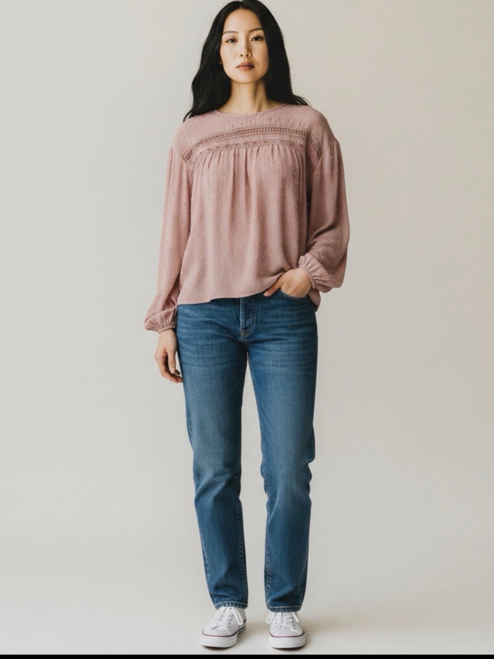 NWT GYPSIES & MOONDUST MAUVE SWISS DOT LACE-INSET BOHO BLOUSE — SIZE M — NWT